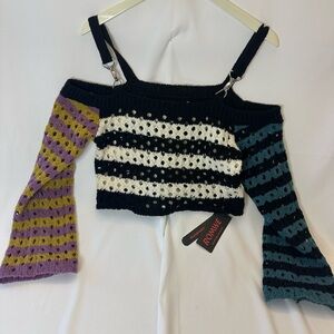 romwe sweater Crochet Cold Shoulder Color Block Grunge Punk Chain Detail XL NWT